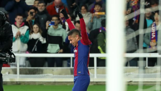 Vitor Roque pictured celebrating after scoring the first goal of his Barcelona career in a 1-0 win over Osasuna in January 2024